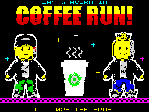 Coffee Run! loading screen with Zan, a coffee and Acorn